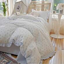 Vclife Vintage Blue Floral With Ruffle 100% Cotton Duvet Cover, Teen Girls Flower Comforter Cover With Zipper Closure, 3Pcs Romantic Aesthetic Bedding Sets - Ren-Thanh Nhiên - Xem 2