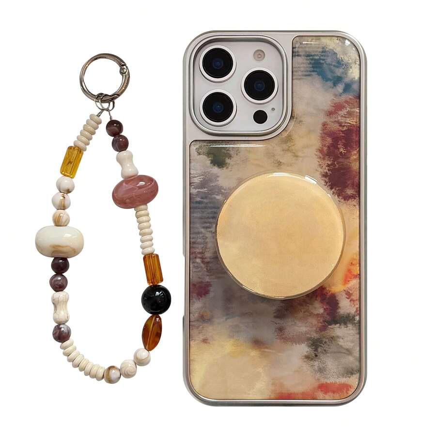 白色大理石纹理支架手机壳 GUCADI 1件装 电镀银边高端扎染棕色大理石纹理 + 黄色圆形支架 + 琥珀白仿珍珠绳 个性化复古小众硬壳 兼容 16/15/14/13 系列 防水防震防摔防刮 春季礼物 生日派对