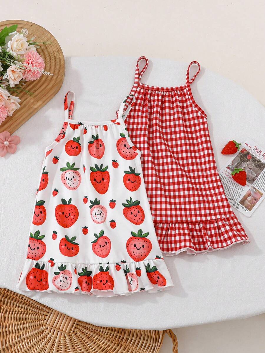 2pcs Girls Casual Checkered & Strawberry Print Off Shoulder Strap Dress, Fashion Style For Party, Holiday, Casual Outing, Summer