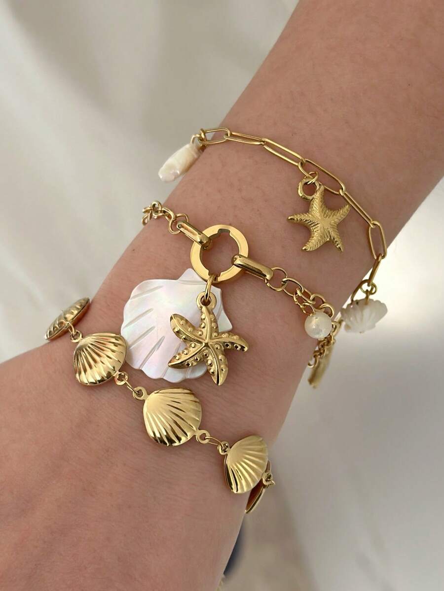 1 件海洋系列海星和贝壳不锈钢手链，独特的配饰礼物，适合女性，夏季