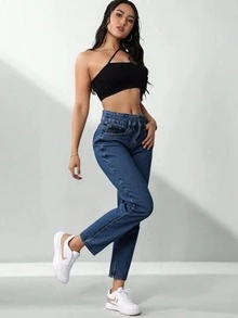 Mom jeans pantalones holgados pretina ancha rectos cierre doble botón mezclilla gruesa no elástica talle alto jaspeado deslavado look casual elegante toda ocasión. - Lavado Sky - Ver 5