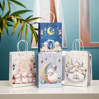 12pcs/Set Eid Al-Adha Themed Gift Bags, Featuring Adorable Sheep Motif With Crescent Moon And Other Warm Elements, Made Of High-Quality Soft Material, Suitable For Holiday Gift Packaging. 4 Design Options Available To Convey Gratitude And Blessings, Adding A Unique Ceremonial Touch To Your Festivities.