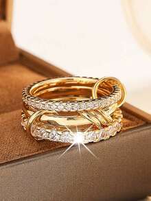 1 Set Fashionable Elegant Stacked Cubic Zirconia Rings Suitable For Wedding Party And Daily Wear - Multicolor - View 3