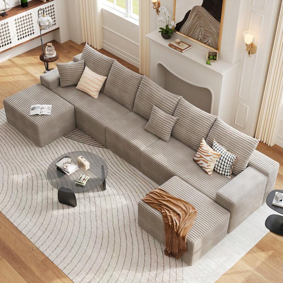 LUCKHAO 167" Modular Cloud Sectional Sofa With 2 Ottoman,Modern Minimalist Upholstered Couches, Comfort U Shaped Sofa For Living Room,Deep Seat Corner Couch,No Assembly Required,7 Seater - 駝色 - 查看 1