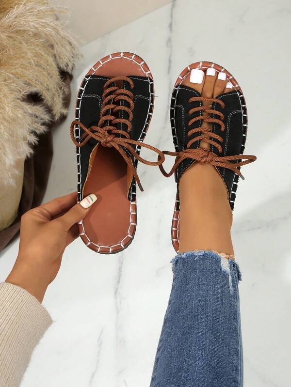 Platform Thick Sole Roman Style Women's Sandals, New Summer Korean Version, Round Toe Flat Casual Walking Black Shoes