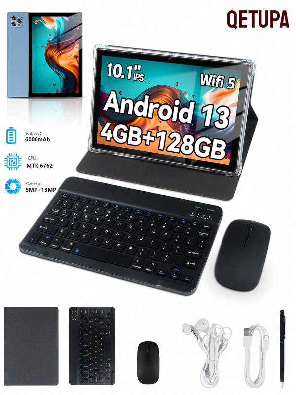 Qetupa Tableta Android 13 de 10.1 pulgadas M9, 4GB RAM + 64GB/128GB ROM, procesador Octa-Core MTK 6762 de 2.0GHZ, cámara frontal de 5MP y cámara trasera de 13MP, batería grande de 6000mAh, pantalla táctil IPS HD (1280x800), BT 5.4 y WiFi 5 802.11ac, sin soporte para tarjeta SIM, con teclado, ratón, funda, lápiz óptico, cable tipo C y auriculares