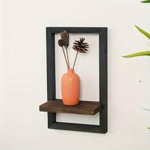 1 pieza Estantería de pared de madera vintage - Estantes cuadrados de exhibición Negro y Marrón con ganchos para fotos, velas, flores, álbumes y plantas en maceta - Ideal para decoración de sala de estar y oficina - Montaje de pared