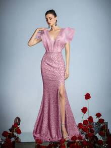 Faeriesty Women Elegant Women's Elegant Ruffle Collar Maxi Evening Dress - Slit Fishtail Hem, Shiny Sparkly Sequin Fabric, Fitted Silhouette | Perfect For Formal Dinners And Weddings | Pair With Eye-Catching Jewelry And Stiletto Heels,Summer Holiday Outfits - Pink - View 1