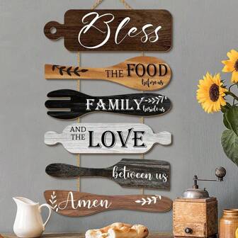 6 Pieces Rustic Kitchen Wood Wall Hanging Plaque Sign For Home Decor,Farmhouse Bless The Food Before Us Sign Wall Art Plaque Sign For Dining Room Decoration Kitchen Decor