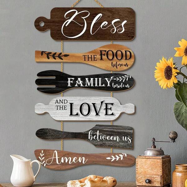 6 Pieces Rustic Kitchen Wood Wall Hanging Plaque Sign For Home Decor,Farmhouse Bless The Food Before Us Sign Wall Art Plaque Sign For Dining Room Decoration Kitchen Decor