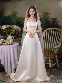 1 件白色新娘面纱，超优雅简约单层短款 100 厘米腰/臀长面纱，200 厘米短拖尾及踝长面纱，300 厘米长拖尾及地长面纱，精致象牙色薄纱婚礼面纱，带发梳，长度 100-200-300 厘米，适合婚礼、派对、角色扮演、拍照、复古风格女士秋装