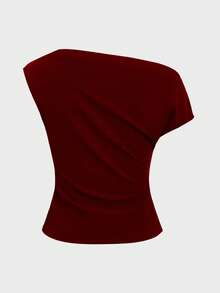 Áo croptop thanh lịch, giản dị, độc đáo, quyến rũ với cổ áo bất đối xứng, áo tank top ngắn ôm sát cơ thể với vai lệch gợi cảm, thích hợp cho mùa hè. - Màu Đỏ Sâu - Xem 7
