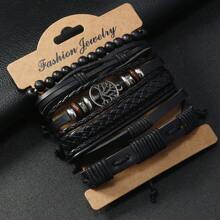 6pcs Retro PU Tree Of Life Beaded Woven Bracelets Set, Suitable For Men's Daily Wear
