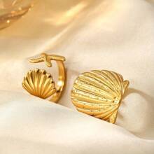 2pcs/Set Personalized Starfish & Shell 18k Gold Plated Stainless Steel Rings, Fashion Jewelry For Women Beach Resort Decoration, Gift