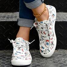 Women's Spring/Summer New Dr. Cat Print Flats Fashionable And Versatile, Comfortable Shallow Round Toe Tie Low Top Soft Sole Breathable Casual Sports Plus Size Women's Shoes - 白色 - 查看 4