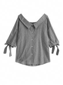 Peter Pan Collar Plaid Bowknot 3/4 Sleeve Off Shoulder Elegant Tie-Up Blouse