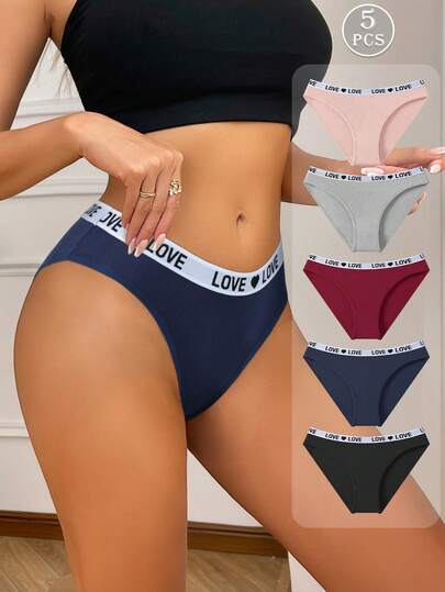 5 st/förpackning flerfärgade 100 % bomull moderiktiga sömlösa damtrosor med låg midja och bokstavsdetaljer