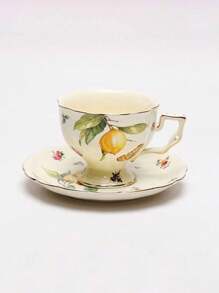 Set de cești și farfurioare vintage la modă, decorate cu pădure și lămâie, pictate manual cu ornamente aurii pe marginea ceștii, mâner și marginea farfurioarei; ceainic ceramic retro de înaltă calitate; disponibil în modele de lămâie, fluturi și insecte multicolore și florale, emanând o atmosferă sofisticată și elegantă.