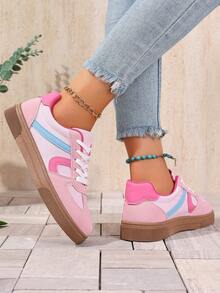 Zapatillas deportivas de mujer con cordones y bloques de color, para entrenamiento alemán, paseo casual, gimnasio estudiantil, transporte urbano de lona, para primavera/otoño - Rosa - Ver 3
