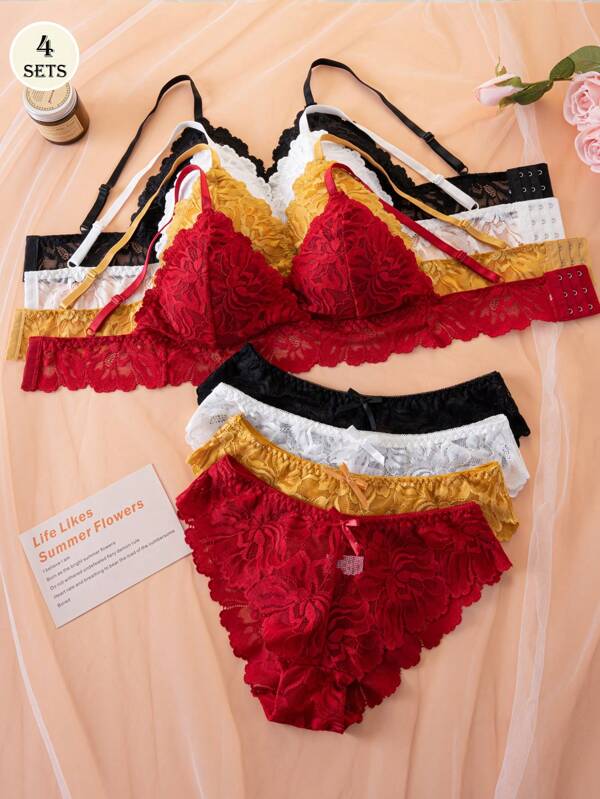 Conjunto de 4 piezas de sujetador inalámbrico y top de encaje sexy para mujeres, conjunto de lencería con sujetador push-up y camiseta, conjunto de 2 piezas para mujer