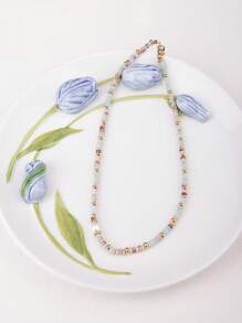 1pc Retro Natural Stone Necklace With Colorful Beads For Women, Vintage And Minimalist Light Blue Collarbone Chain Suitable For Daily Wear With Luxurious, Niche & High-End Feel