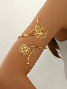 1pc Vintage Fashionable Elegant Luxury 3D Hollow Flower Adjustable Bangle Bracelet, Simple And Sophisticated Design With White Rhinestones, Suitable For Women's Daily, Party, Holiday Wear - Gold - View 2