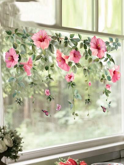 1pc Colorful Floral PVC Removable Window Sticker To Brighten Your Home Or Office, Stickers, Wall Decal, Vinyl Decal For Home Decorations, Window Decoration Items Refresh Your Home Room Decor Wall Decor Wall Sticker Personalised Stickers