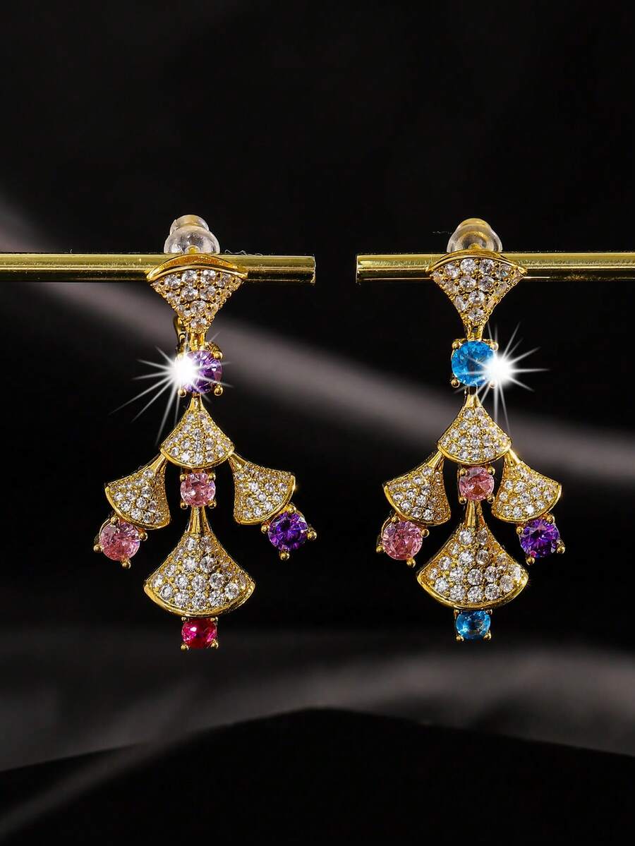 oudina 1 对时尚玫瑰金方晶锆石叶形耳环，适合女性日常佩戴 - 玫瑰金 - 查看 1