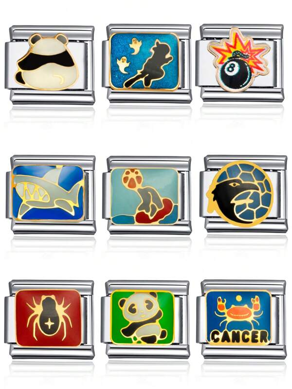 1pc 2025 Top Fashion Panda, Owl, Eagle, Shark, Spider, Crab Animal Theme DIY Italian Charm Pendant Bracelet Stainless Steel Jewelry Making Findings, Suitable As Gift For Girlfriend, Friends, Family, Party, Daily Outfit Accessories