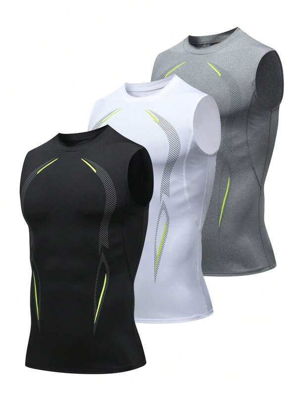 3 Stücke Herren Sport Formendes Unterhemd in Schwarz, Weiß und Grau, Tech-Muster aus Milchseide, schnelltrocknend, enge Stretch-Passform, Unterhemd für Outdoor-Training, Basisschicht, Lässig Mode Muster für Basketball, Fußball, Rugby, Sport-Training, Frühlings- und Sommer-Geschenke