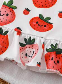 2pcs Girls Casual Checkered & Strawberry Print Off Shoulder Strap Dress, Fashion Style For Party, Holiday, Casual Outing, Summer