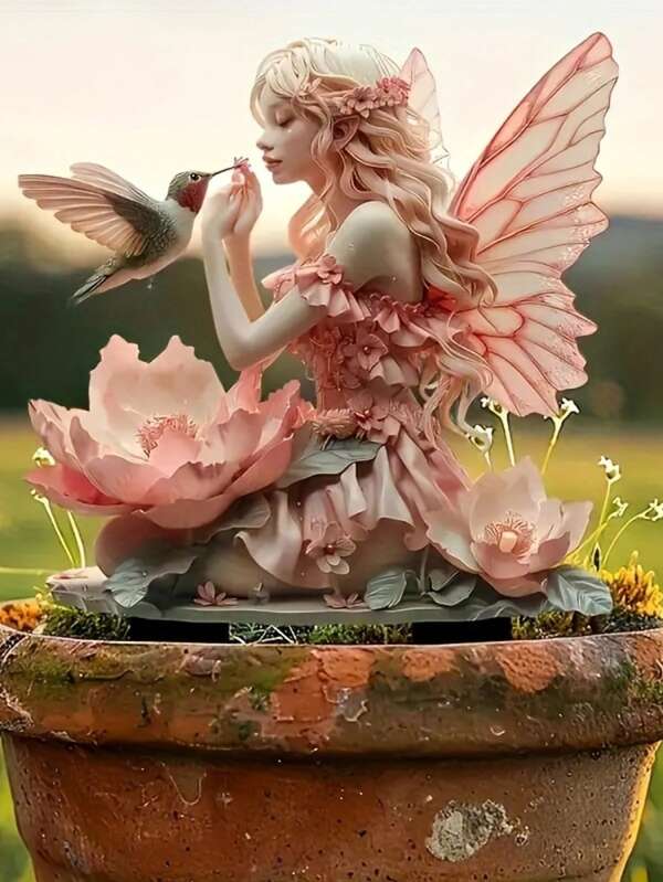 1 tarjeta de jardín de estilo bohemio de acrílico, decoración de llenado de maceta, con ángel y pájaro - transparente, decoración exterior de uso múltiple, adecuada para plantas en macetas, céspedes y terrazas