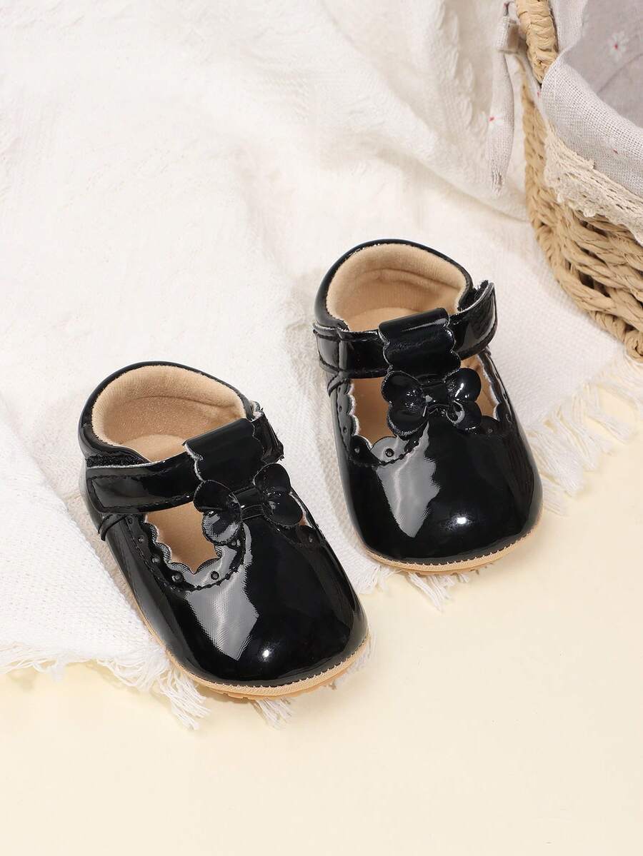 1 Pair Girls Solid Color PU Hook And Loop Design Flat Non-Slip Princess Shoes, Toddler First Walking Shoes, Suitable For Spring & Autumn - Black - View 1