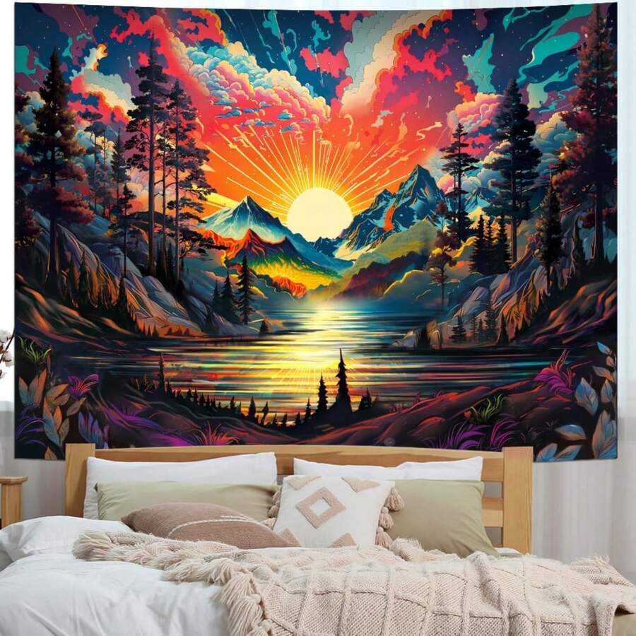 Sun Mountain Tapestry Forest Tree Wall Tapestries Vintage Aesthetic Plant Tapestry Nature Landscape Tapestries Wall Hanging For Home Decor Home Decoration For Bedroom,Living Room,Dorm - Sun Forest - View 1
