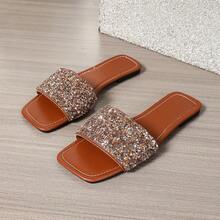 Women's Fashion Slip On Flat Sandals With Rhinestone Decor, Versatile, Special Big Size - Brown - View 6