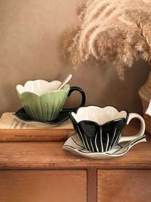 1pc Embossed Tulip Design Ceramic Cup & Saucer Set, Creative, Personalized, Coffee/Latte Cup Set, French Retro Style, High-End Delicate Gift For Women, Mother's Day Present Back To School