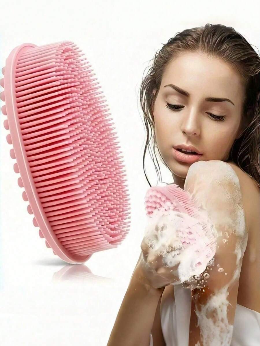 1pc Silicone Cleaning Brush, Suitable For Shower, Silicone Shampoo & Body Wash Brush, Double-Sided Friction Bath Brush, Massage Bath Brush, Bathroom Cleaning Tool, Storage Bag, Organizer Bag, Hair Clips - Multicolor - View 1