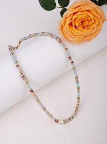 1pc Retro Natural Stone Necklace With Colorful Beads For Women, Vintage And Minimalist Light Blue Collarbone Chain Suitable For Daily Wear With Luxurious, Niche & High-End Feel