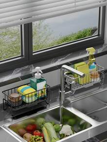 1 件厨房水槽海绵架不锈钢水槽架带倾斜沥水托盘防锈厨房水槽收纳架，用于海绵刷和刷子，厨房用品海绵架黑色