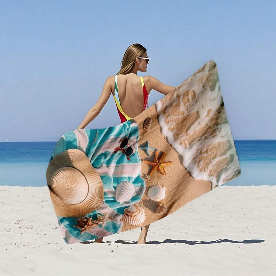 Super Large Fast Drying Ultra-Fine Fiber Beach Towel, Starfish And Beach Printed Beach Towel, Super Soft, Sand Free, Highly Absorbent, Lightweight And Portable - Very Suitable For Beaches, Swimming Pools, Travel, Valentine's Day Gifts, Yoga Towels, Suitable For Fashionable Swimming Towels, Fast Drying Fabrics, Beach Towels Bathroom Decor Summer Beach Essentials - Multicolor - View 1