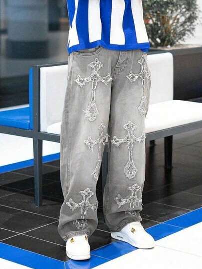 Jeans holgados y rectos con bordado de cruz, estilo grunge gótico y Y2K para hombres, moda casual minimalista retro y ropa de calle, adecuados para uso diario, ir al trabajo, actividades al aire libre y reuniones