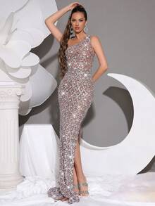 Modphy Luxury Sequin & Rhinestone Embellished Backless Dress, Sleeveless Asymmetrical Neck Elegant Mesh Evening Gown For Formal Weddings, Bridesmaid Party, For Wedding Guest - Coffee Brown - View 3