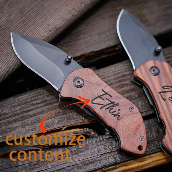 Customized Personalized Wooden Handle Folding Knife - Mini Camping Survival Knife, Ideal Gift For Her, Her, Boyfriend, Girlfriend, Family, Friends, Multi-Functional Pocket Fruit Knife, Groomsman, Boyfriend And Father's Day Gifts, Simple And Fashionable, Customizable, Personalized, Unique, Ideal Gift For Him