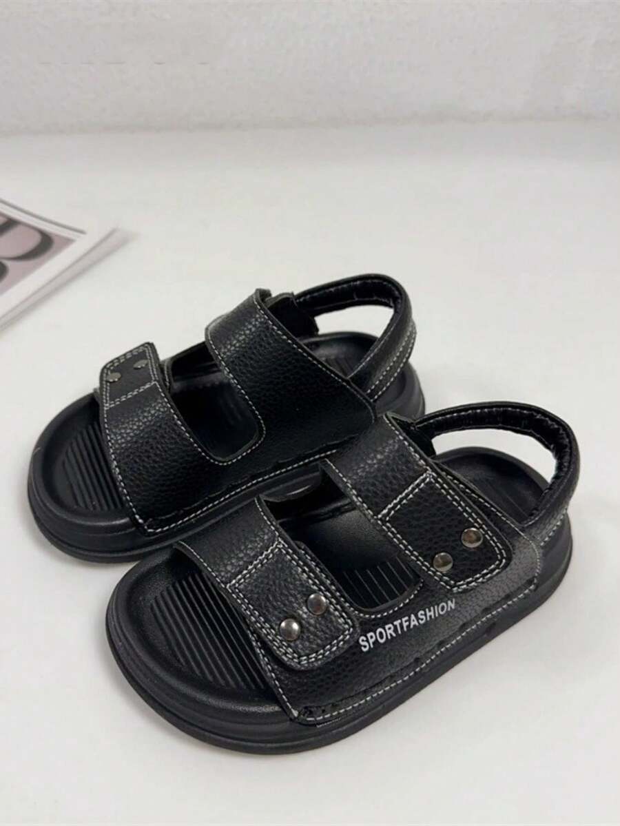 1 双女童儿童简约时尚休闲优雅皮革平底凉鞋，适合夏季 - 黑色 - 查看 1