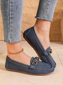 Sepatu Loafer Wanita Model Baru Warna Navy dengan Ujung Bulat, Sepatu Kasual Lembut Model Slip-On Jahitan Tangan untuk Aktivitas Luar Ruangan Sehari-hari di Musim Semi dan Musim Panas - Navy Blue - View 7