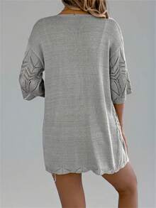 New Summer Hollow Out Short Sleeve Knit Cardigan, Vacation Beach Cover-Up Thin Jacket For Women - Grey - View 2