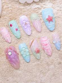 10 pezzi Set di unghie finte estive, forma a mandorla media, decorazioni 3D con fiori, fiocchi, conchiglie, punte francesi, motivi a onde marine, lucide, per le vacanze per donne e ragazze