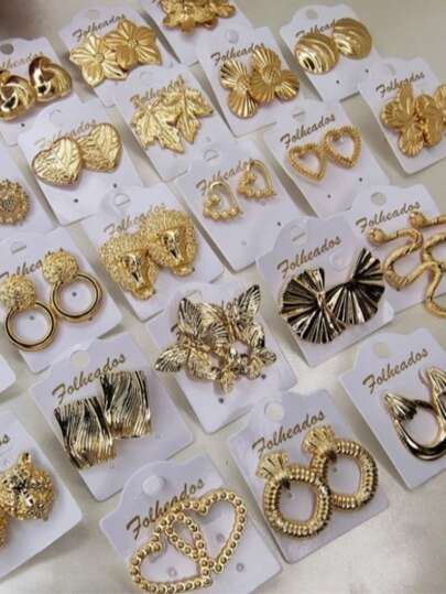 Brincos Feminino Folheados Bijuteria Banhado Cor 18K Dourado 10 Pares Conjuntos Sortidos