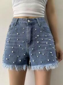 Shorts vaqueros con diseño de flecos de perlas falsas para mujer - Lavado ligero - Ver 2