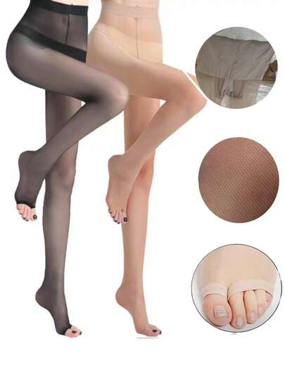 1pc Women Solid Color Peep-Toe Sheer Pantyhose, Ultra-Thin Tights, Comfortable And Sexy, Ideal For High Heels In Black And Skin Tone